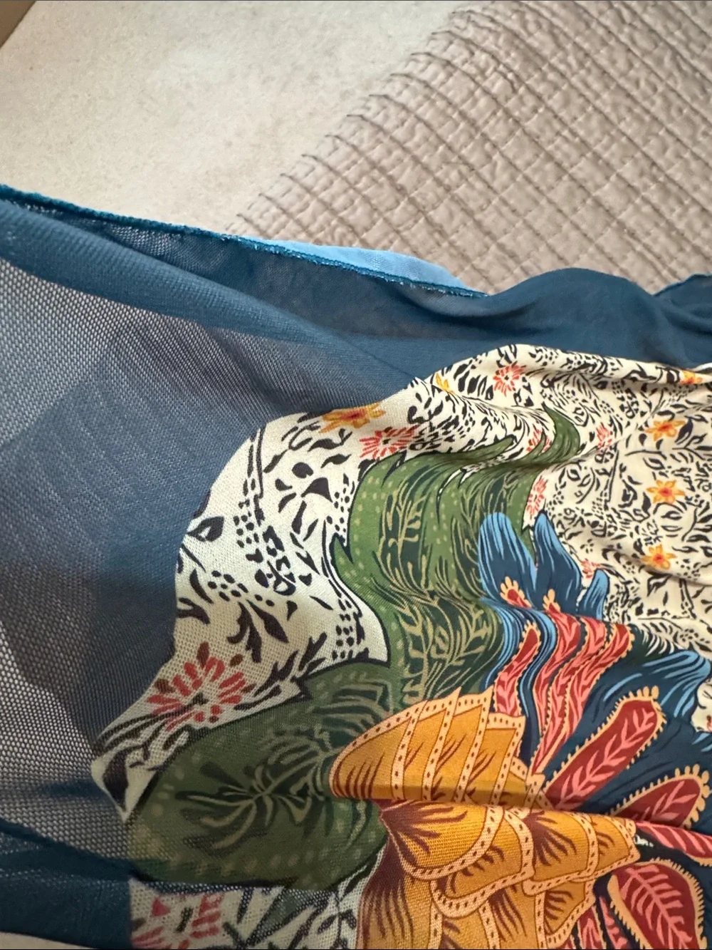 Women’s Floral Tie-Side Swim Cover in Cream and Blue 2XL